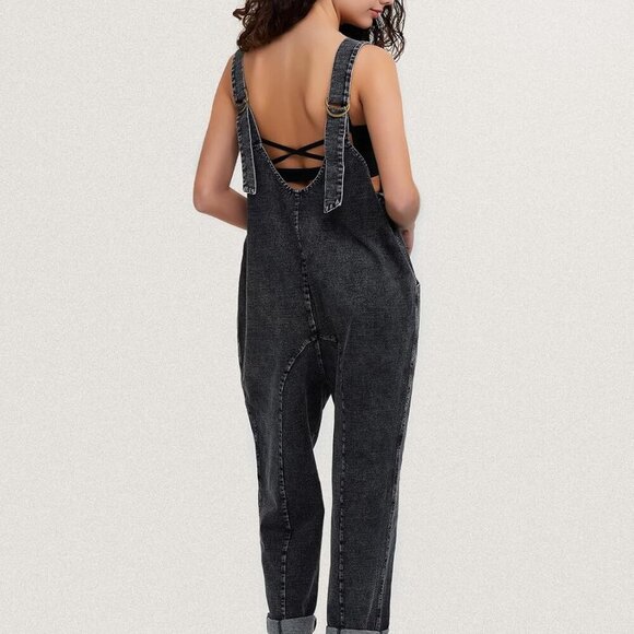 Womens High Roller Denim Bib Jumpsuits Casual Loose Sleeveless Baggy Overalls Je - Picture 2 of 5
